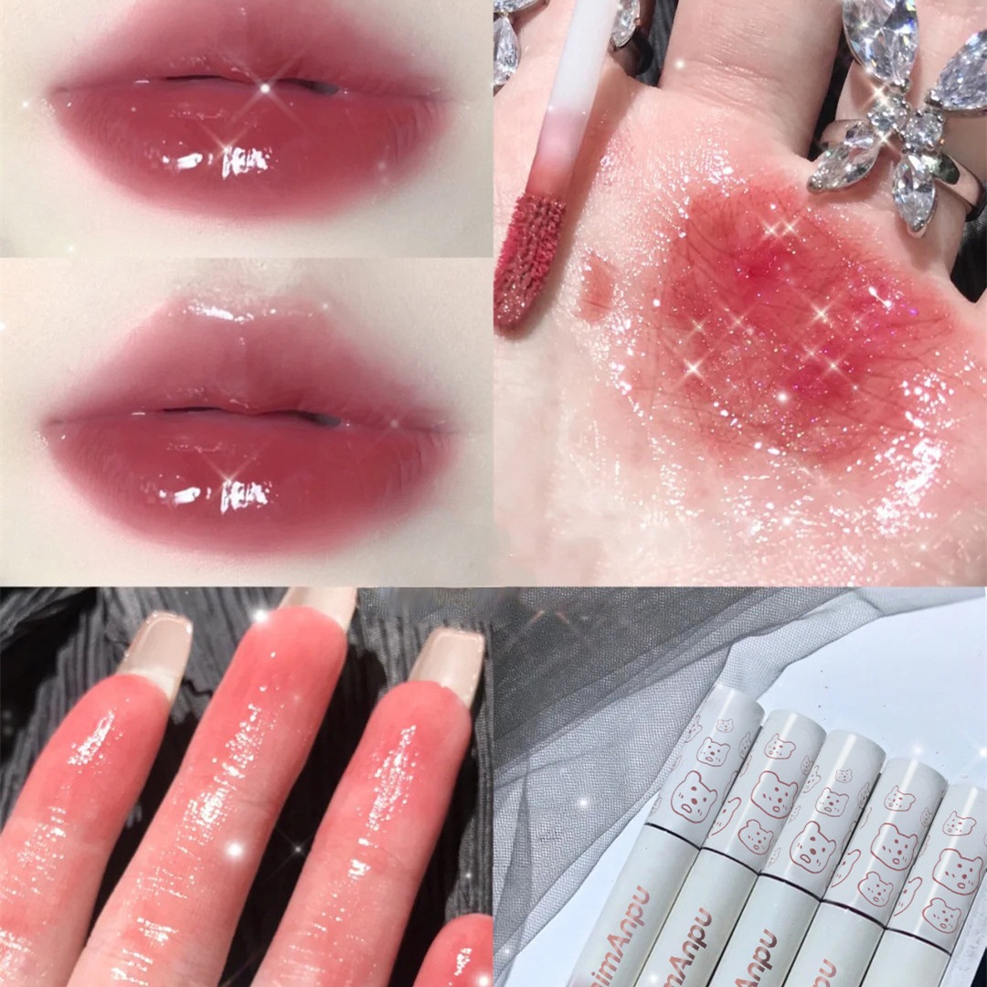 Cute Pike Bear Ryukyu Mirror Lip Glaze Doodle Lip Lipstick Female Student Lip Gloss Lip Honey White Pseudo Plain
