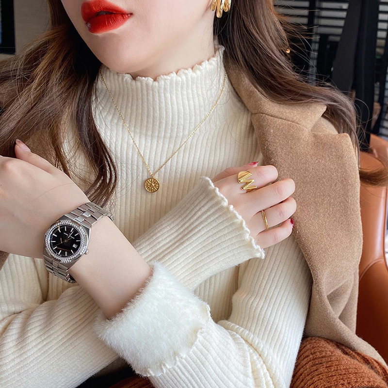 Soft Waxy Style Sweater Women's Autumn and Winter Half-turtleneck Knitted Base Shirt Warm Inner Fleece-lined Thickened One-piece Fleece Top