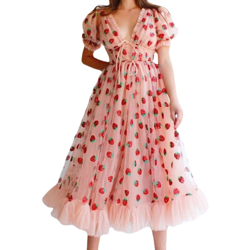 Foreign Trade Large Size Women's Cross-border Puff Sleeve Strawberry Embroidered Mesh Dress European and American Style Flounce Large Skirt