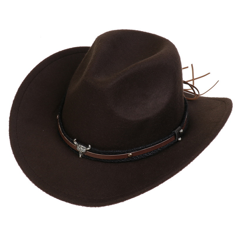 Amazon Hot Top Hat Ethnic Style Cow Label Western Denim Top Hat Roll Brim Retro Riding Hat Woolen Felt Hat