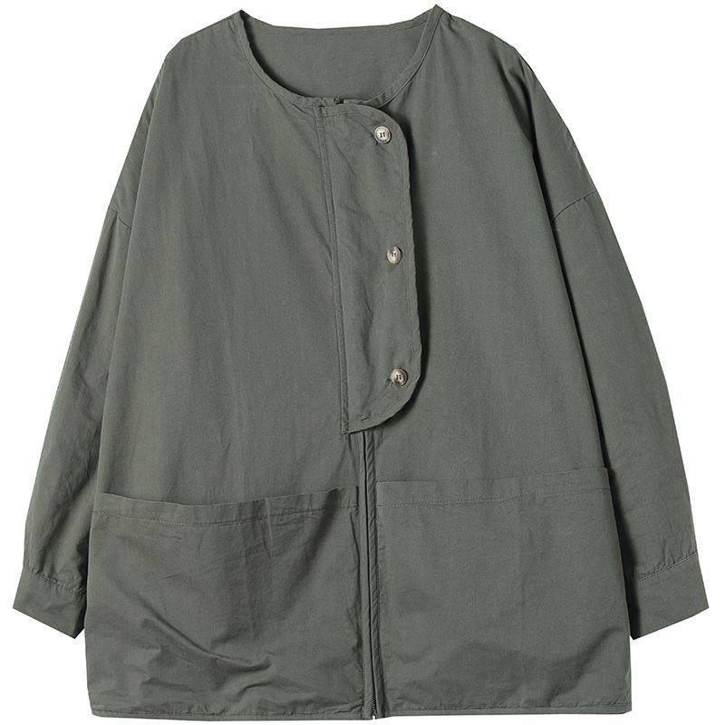 Large Size Artistic Crewneck Coat Women's Short Loose Casual Top Autumn Overalls Jacket Korean Style Large Pocket Coat