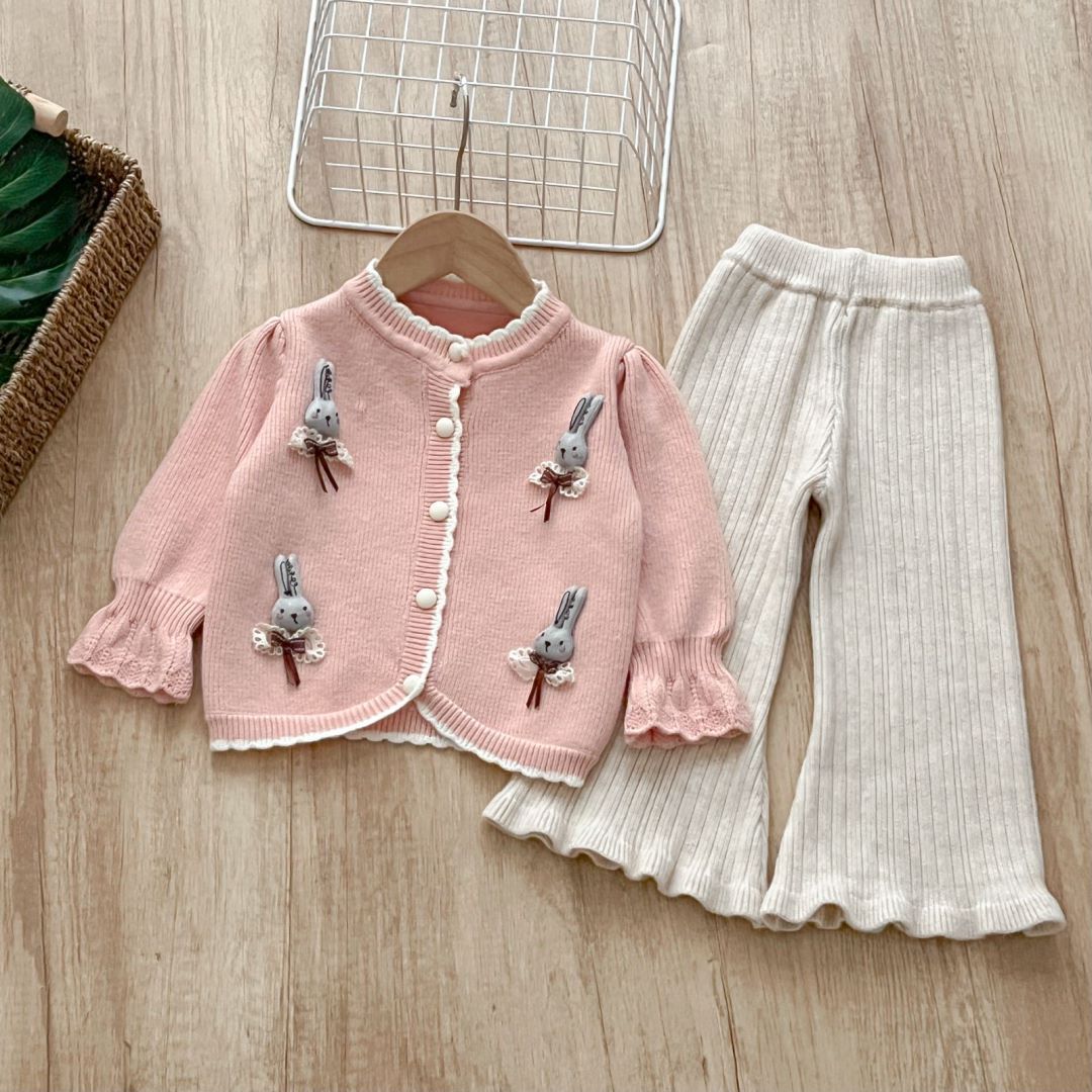 Girls' sweater two-piece knitted sweater 2023 autumn and winter New cartoon rabbit little girl sweet sweater cardigan