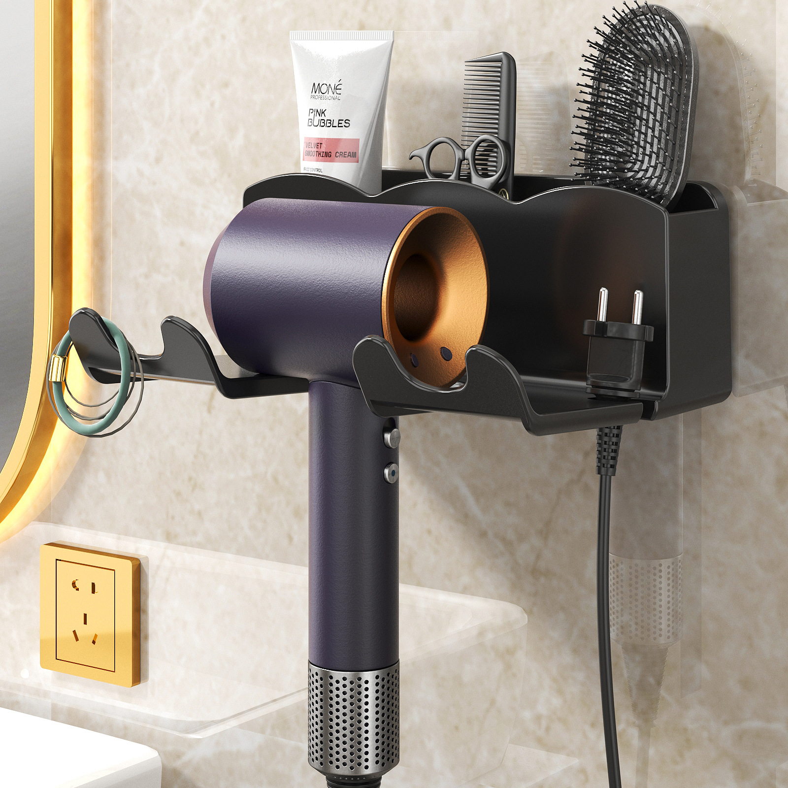 Hair dryer rack non-perforated toilet hair dryer bracket bathroom wall-mounted hair dryer storage rack