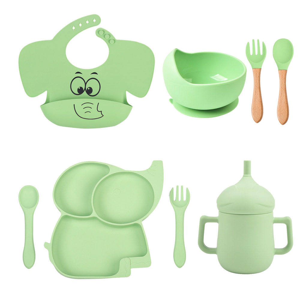 8-piece Children's silicone tableware set elephant silicone plate bowl bib Cup spoon Fork set silicone tableware