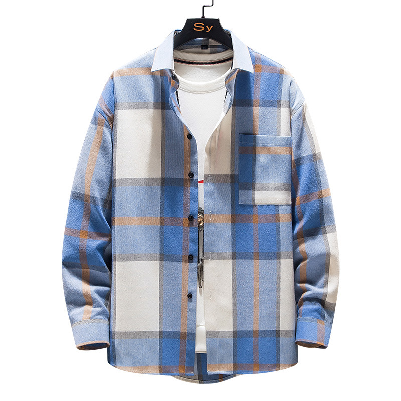 2023 Japanese New Men's Loose Plaid Long Sleeve Shirt Youth Fashion Business Casual Shirt Wholesale