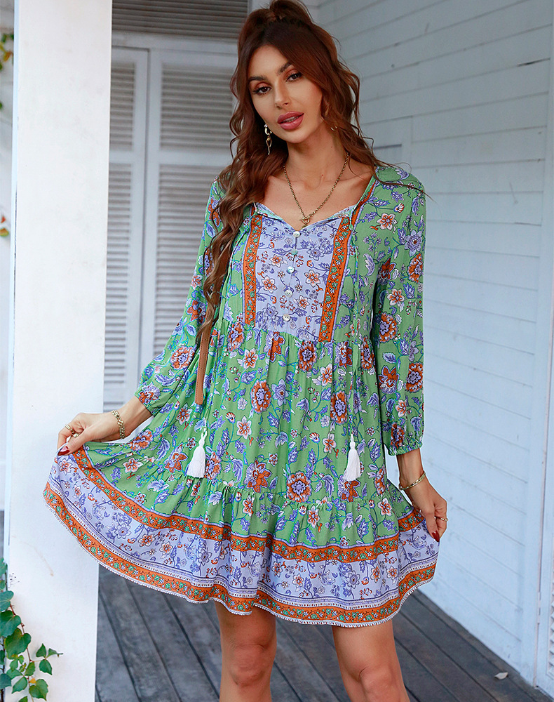 New Amazon Bohemian Casual Holiday Style Dress Short Skirt 2022 Spring and Summer Positioning Flower Women's 911