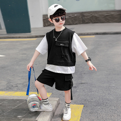 Boys' summer clothes suit 2023 Summer new boys' handsome fashionable clothes children's striped short sleeve children's clothes thin