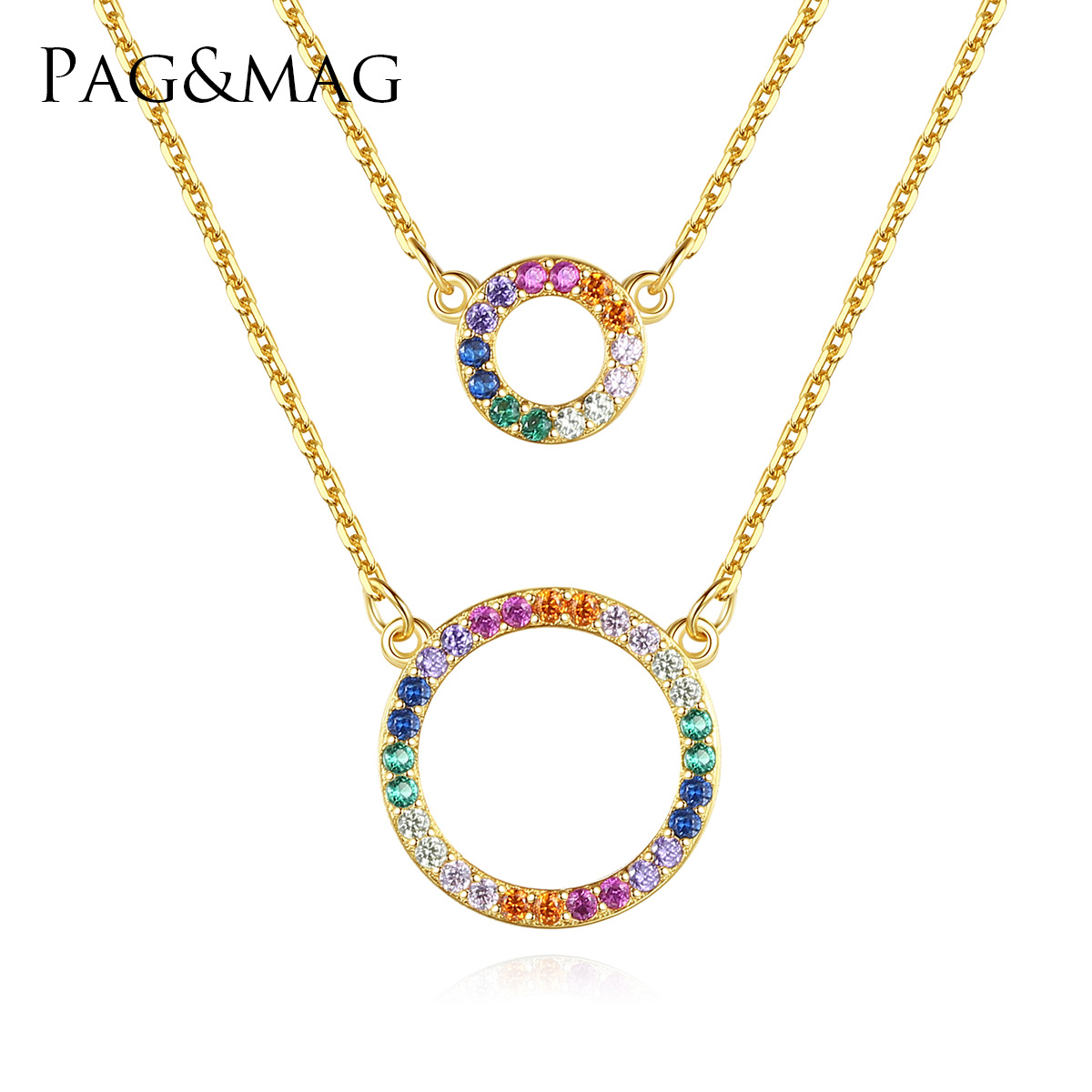 PAG&MAG Double Layer S925 Silver Necklace Women's Niche Design Colored Zircon Pendant Double Circle Rainbow Color Necklace