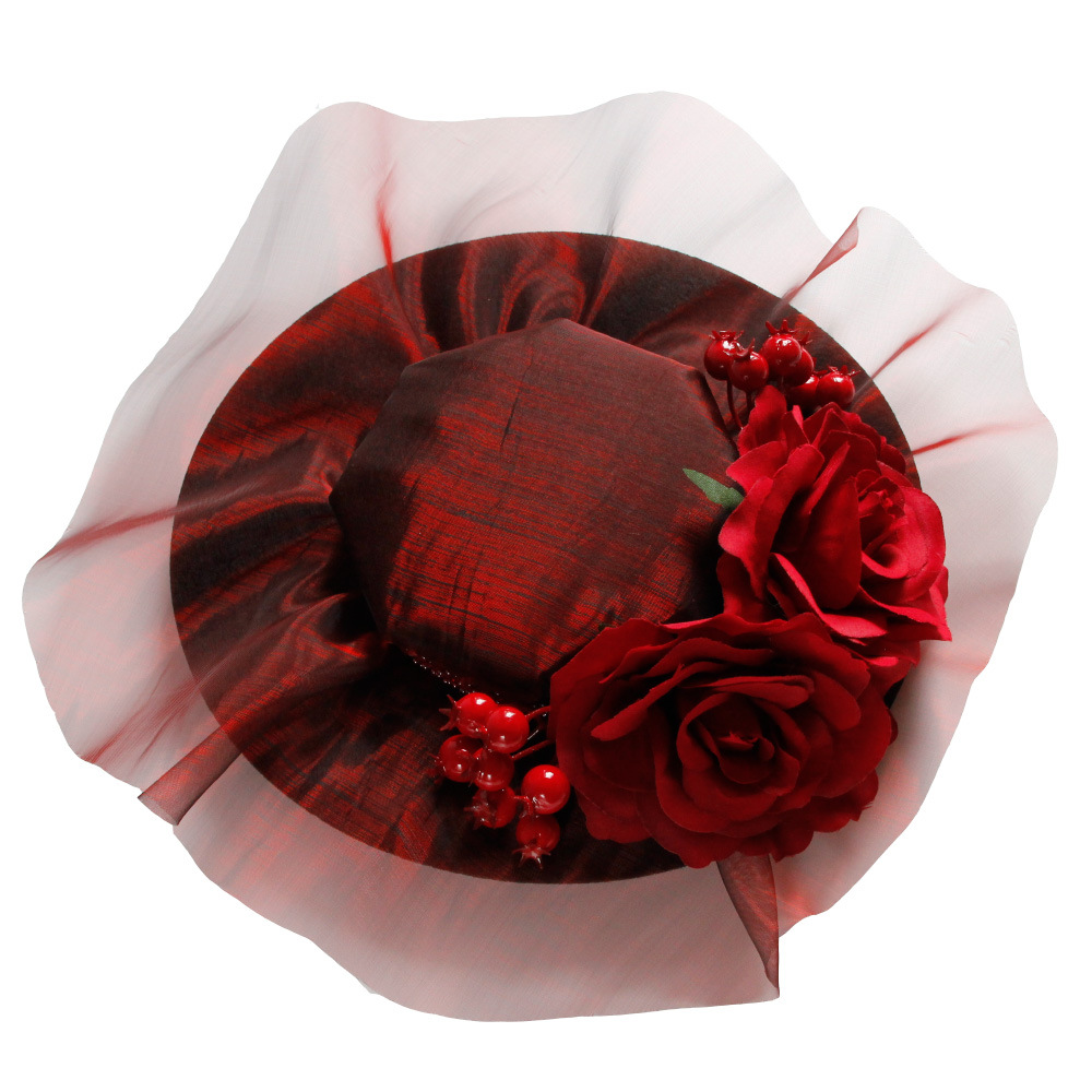 Red Rose Christmas Decorative Hat Ball Holiday Party Performance Gothic Bride Flat Top Hat FJ-245