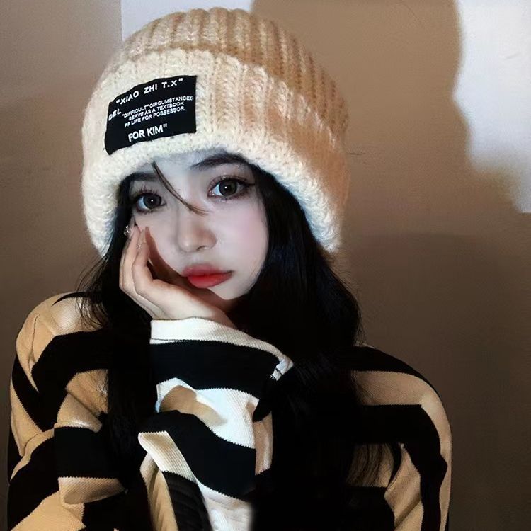 Factory direct winter women's wool knitted stickers hat face small big head circumference warm thick couple pile hat