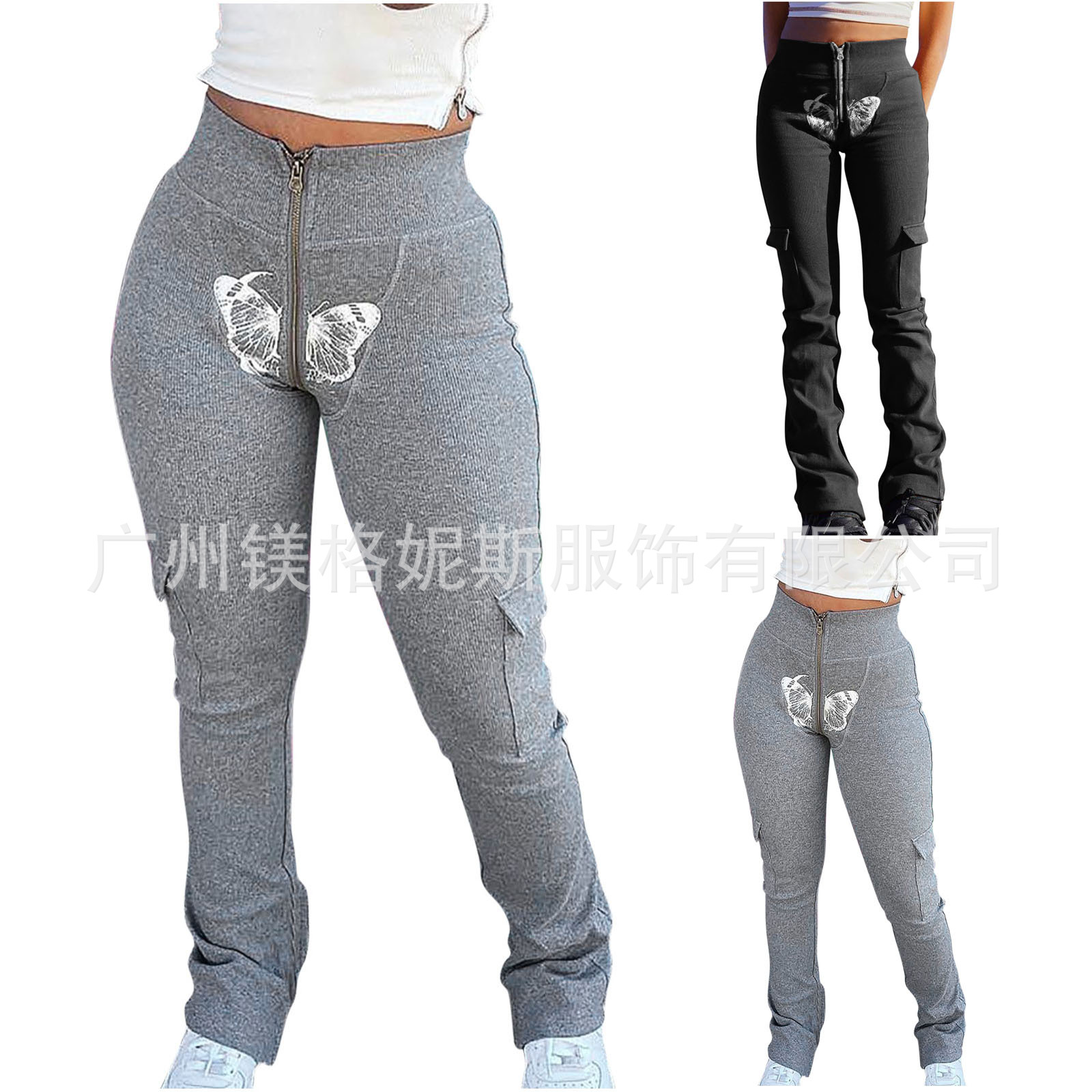 Spot/Cross-border European and American New Women's Butterfly Printed Casual Knitted Tight Multi-Pocket Workwear Trousers