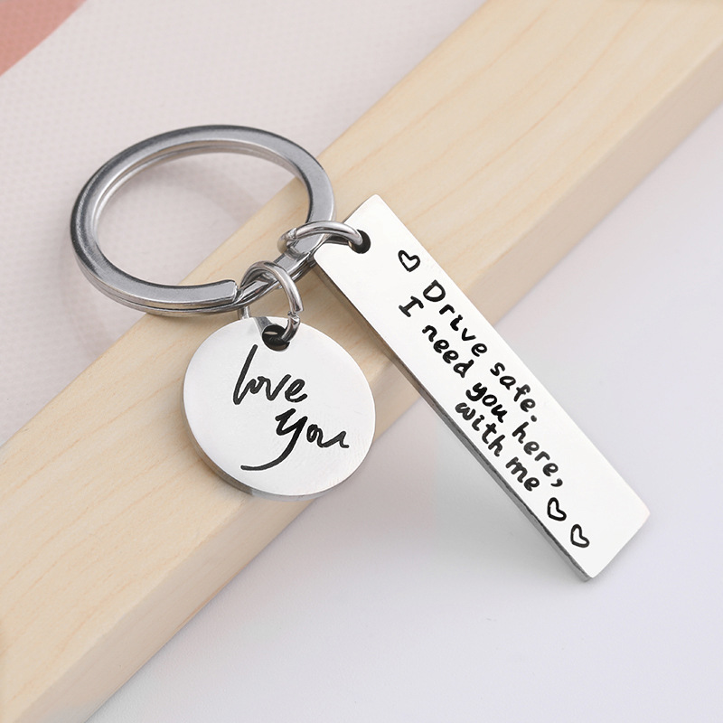 Cross-border Hot Family Personality Couple Keychain Safe Driving Black Stainless Steel Lettering Creative Keychain