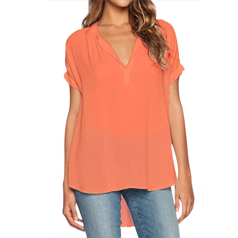 2017 Summer European and American Fashion New Women's V-neck Short Sleeve Front Short Back Long Loose Chiffon Shirt Top Shirt Women's