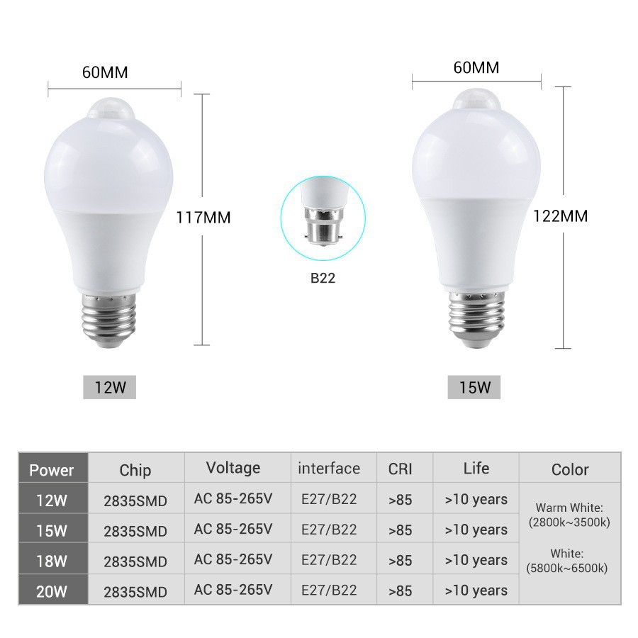 人体感应LED灯泡 E27B22红外LED灯泡 12W15W18W20W宽压PIR球泡灯