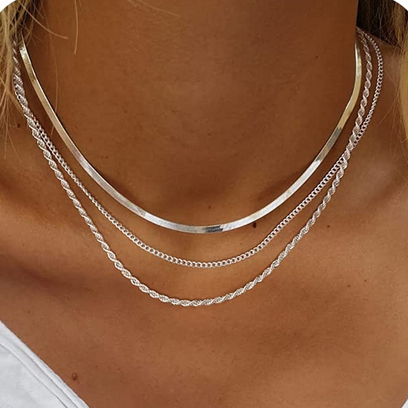 European and American cross-border bohemian style stacked flat chain European and American choker women's fashion trendy metal blade chain necklace