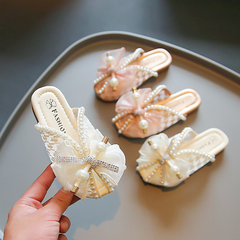Girls Lace Mesh Fish Mouth Slippers 2024 Summer New Girls Soft Bottom Pearl Baotou Princess Shoes Wholesale