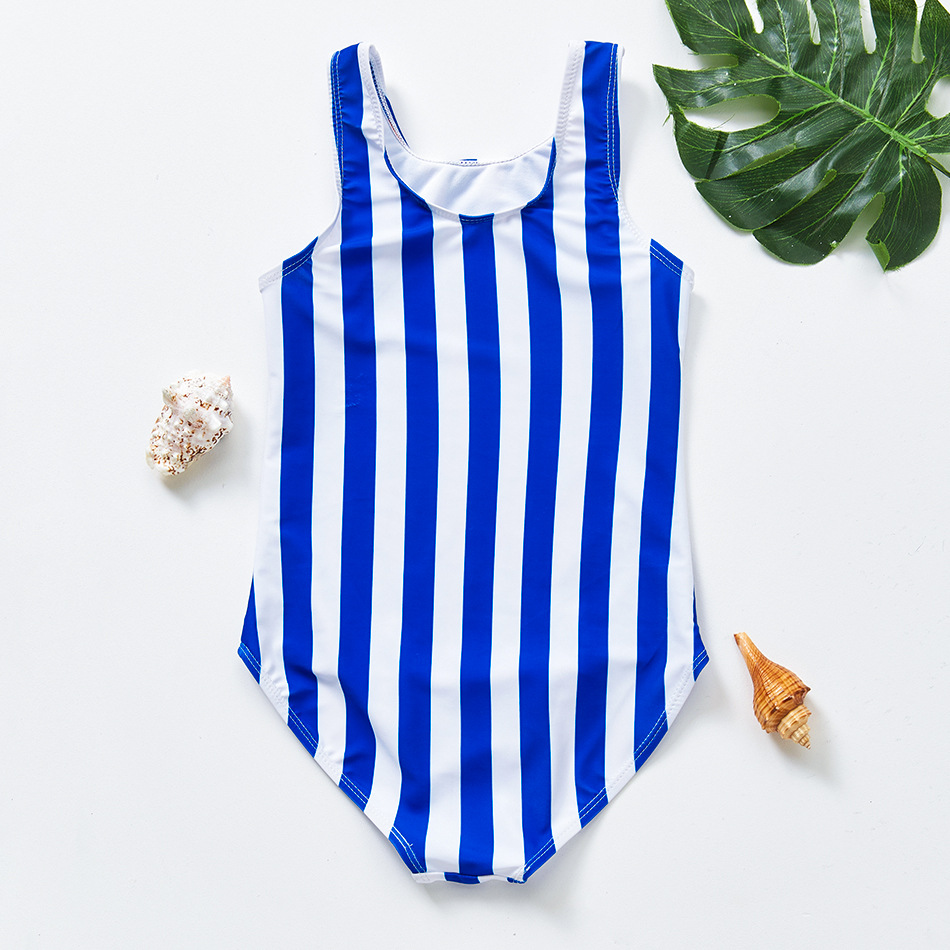 New foreign trade girls' swimsuit blue vertical stripes letters girls' swimming pool one-piece swimsuit children's swimsuit