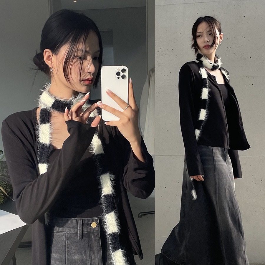 韓國23ss新款仿貂毛細窄超長款圍巾女凹造型黑白條紋裝飾圍脖保暖