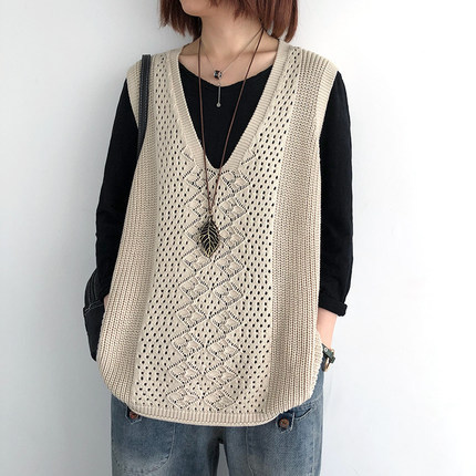Women's Knitted Vest Thin Loose plus size Hollow Sleeveless V-neck Vest Retro Pullover Vest Women's Vest
