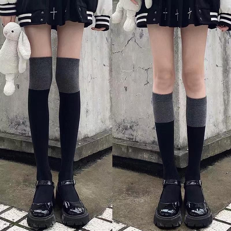 Women's socks autumn creative color-blocked calf socks black and gray stitching college style stockings ins trendy over-the-knee socks