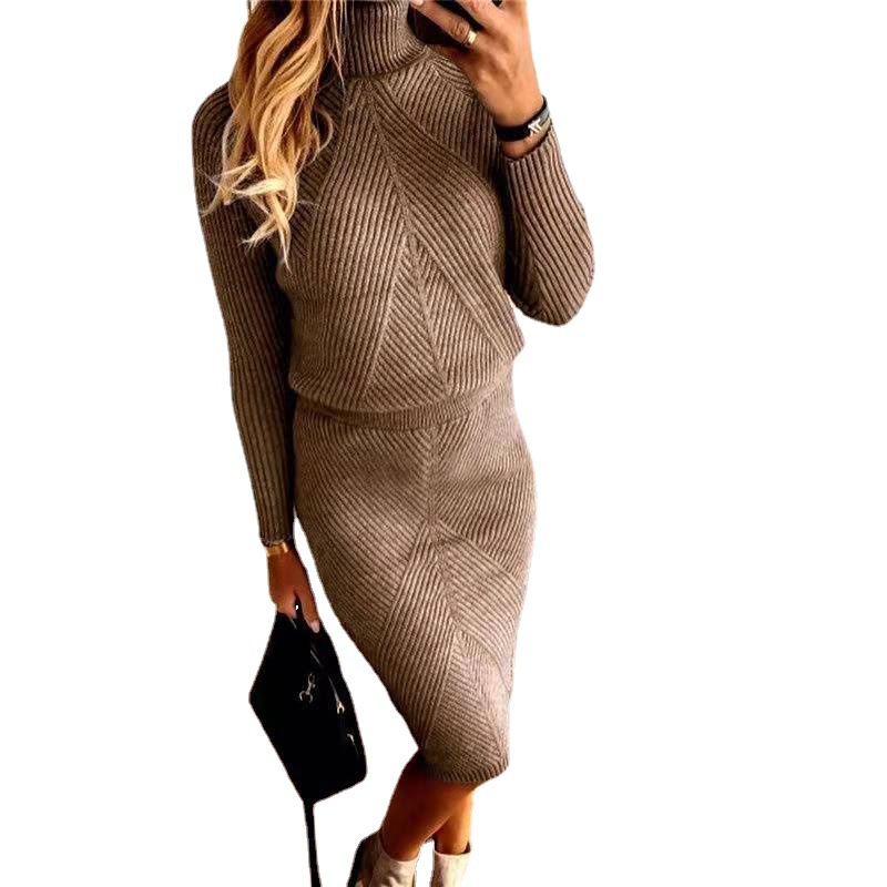 2024 Amazon wish autumn and winter new women's European and American turtleneck knitted solid color pullover sweater dress