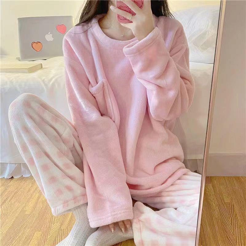 Coral velvet pajamas for women  autumn and winter new flannel thickened plus velvet cute cinnamon dog home clothes