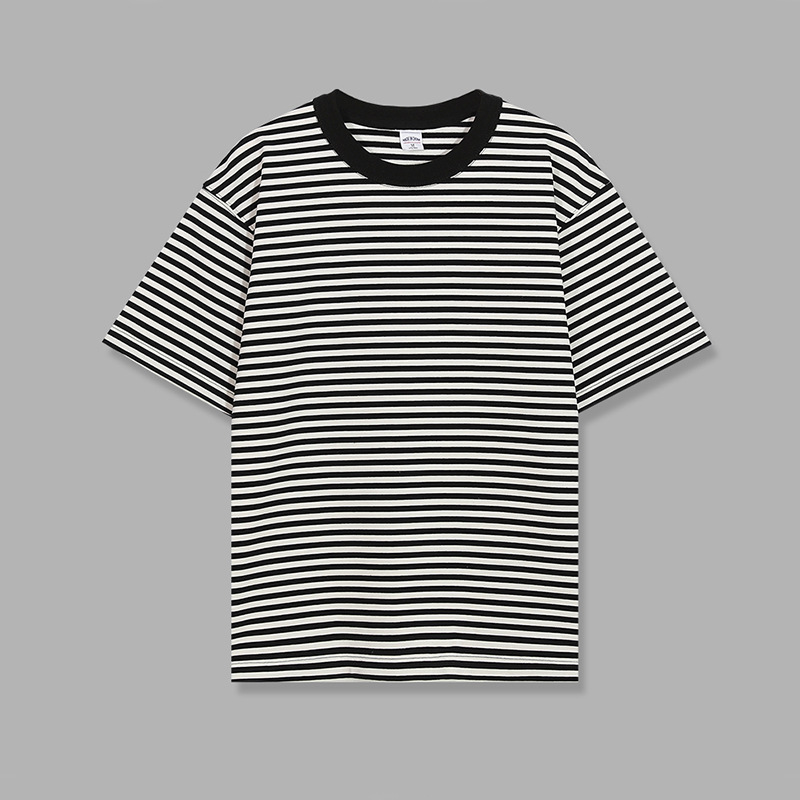 National Fashion Washed Heavy Cotton Vintage Rock Blue and White Striped Loose Couple Neutral Sea Soul Shirt Short-sleeved T-shirt for Men