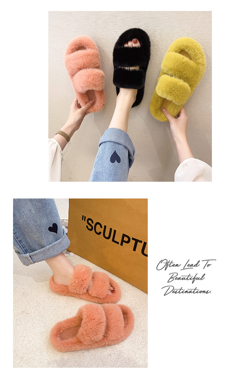 Foreign trade large size double Mao Mao slippers women autumn and winter New wear flat bottom one-word warm cotton slippers women Wholesale_voghion.com