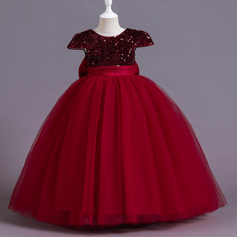 Girl's Dress Evening Dress Evening Dress Sequin Mesh Puff Dress Long Princess Dress Back Bow Sweet