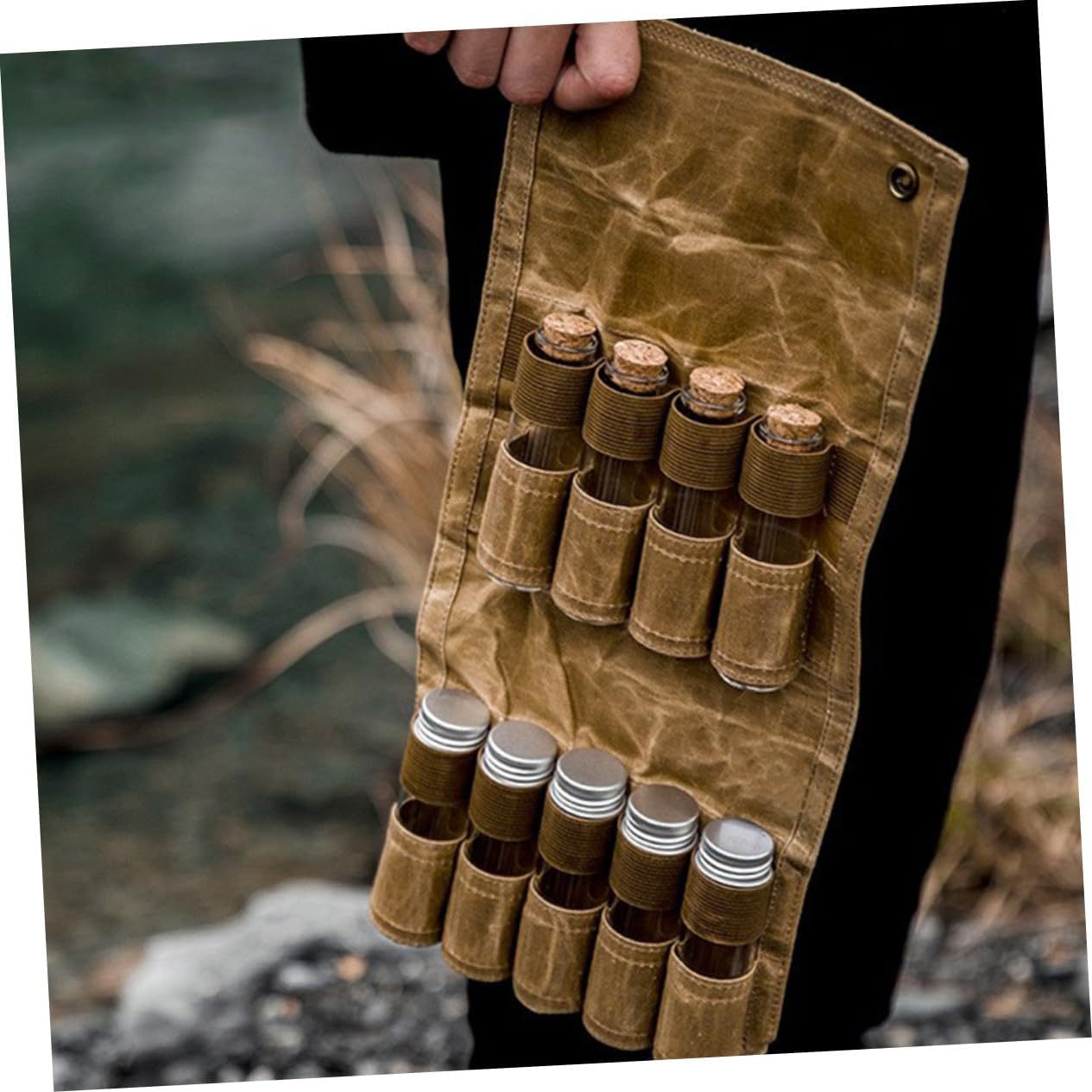 Outdoor camping seasoning bottle storage bag 9 glass seasoning bottles barbecue seasoning bottle combination suit canvas bag