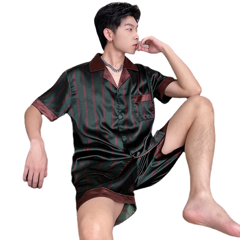 Plus size plus size men's pajamas Ice Silk short-sleeved shorts summer lapel fat fat loose homewear
