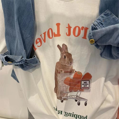 Grey Shoulder Printed High-end T-shirt Women's 2022 Summer New Loose Niche Cute Rabbit Short-sleeved Top