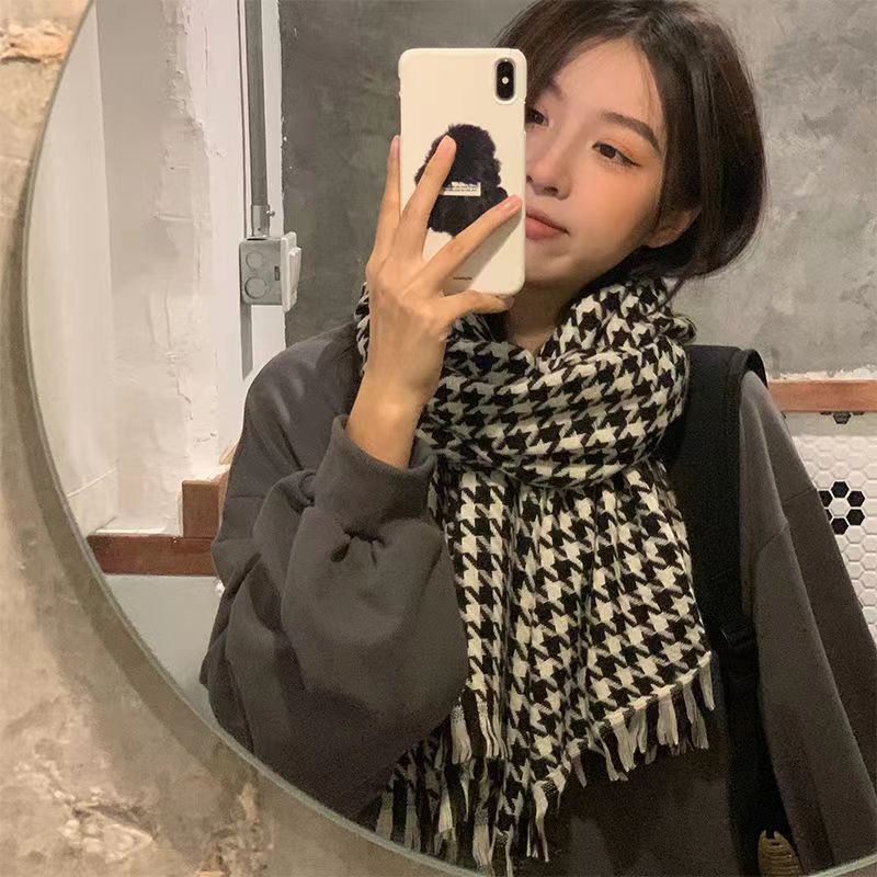 Houndstooth knitted scarf for women winter Korean style versatile student shawl outer wear warm scarf set classic fashion brand