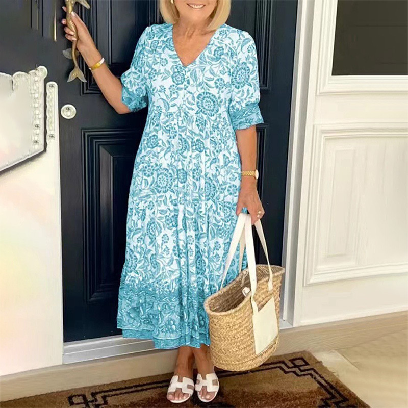 Summer 2023 Amazon Foreign Trade Elegant Commuter Long Floral Tie-Dye Printed Large Size Loose All-match Dress for Women
