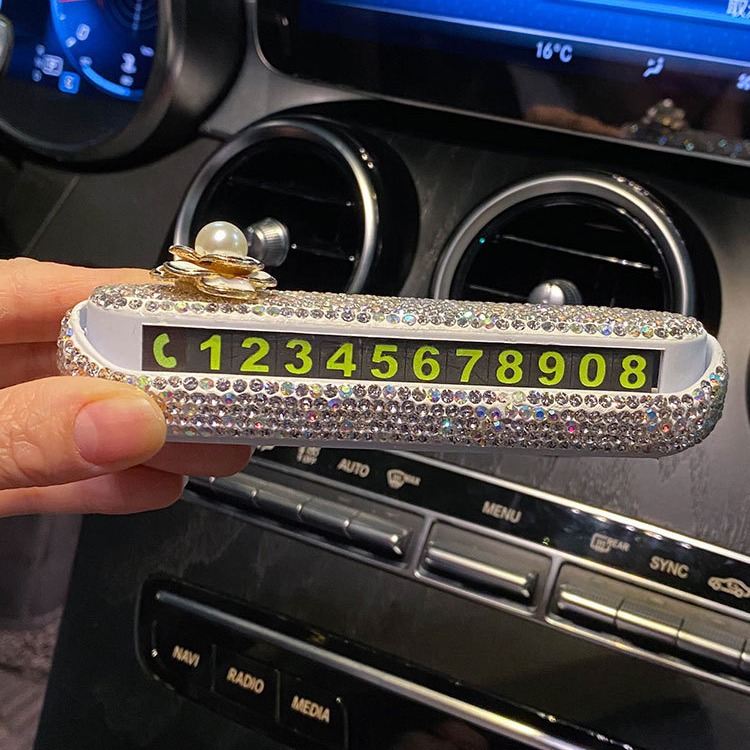 High-grade diamond-encrusted car temporary parking plate female online celebrity creative phone number plate car moving card car moving decoration