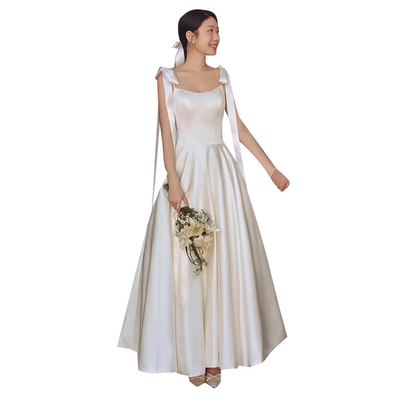 French-style light wedding dress sling niche high-grade bow outdoor travel photography engagement license small dress pettiskirt autumn