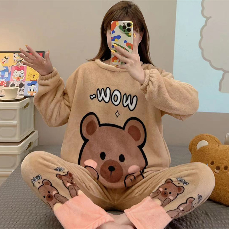 New autumn and winter pajamas flannel thickened women's sweet cartoon casual long-sleeved pajamas women's coral velvet home wear set