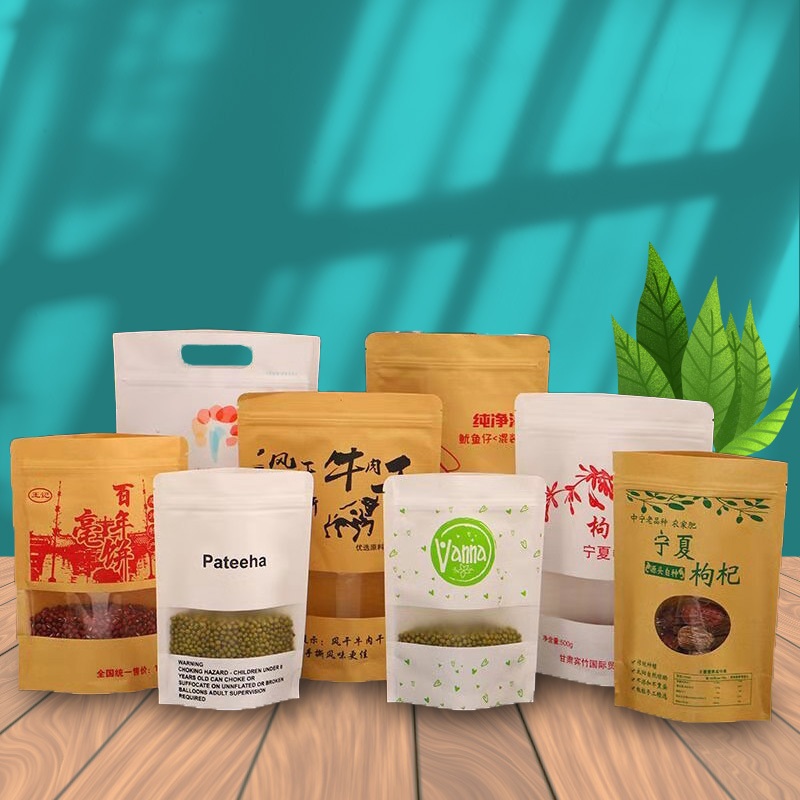 In stock wholesale Kraft paper ziplock packaging window food packaging bag transparent tea nut sealed bag