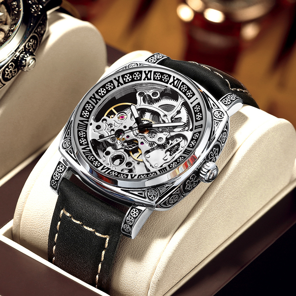 New spot men's mechanical watch luminous waterproof multifunctional carved mechanical watch wholesale Live supply