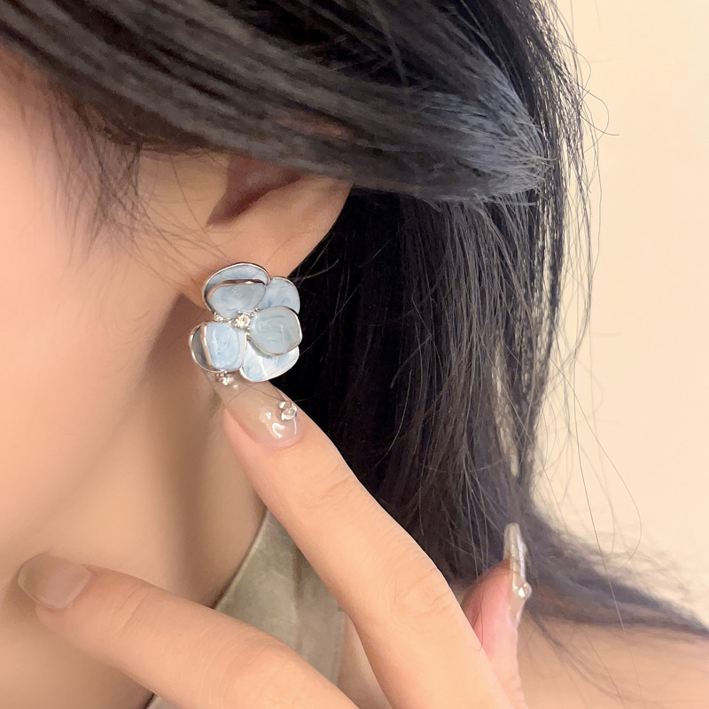 Original Design S925 Silver Needle Blue Mori Flower Earrings Sweet High-end Drop Glaze Diamond Earrings Women's 7593