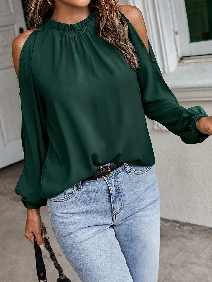 Amazon European and American cross-border spring and summer new women's solid color lotus leaf round neck long sleeve pleated off-shoulder fashion blouse
