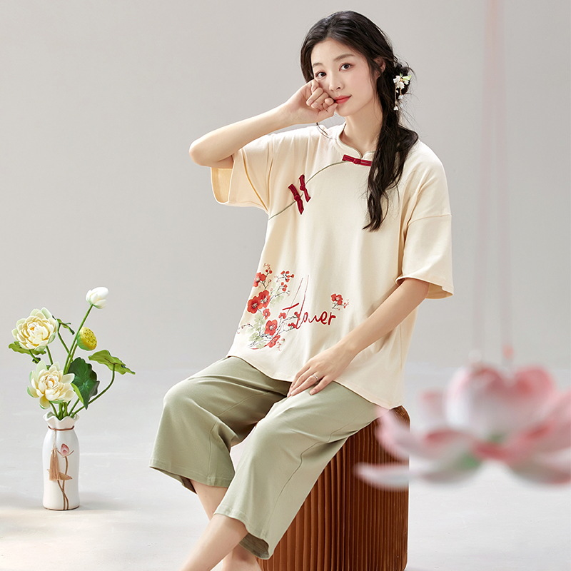 Summer New Pajamas Women's Short-sleeved Cropped Pants New Chinese Style Antique National Style Sweet Casual Home Clothes for Outer Wear