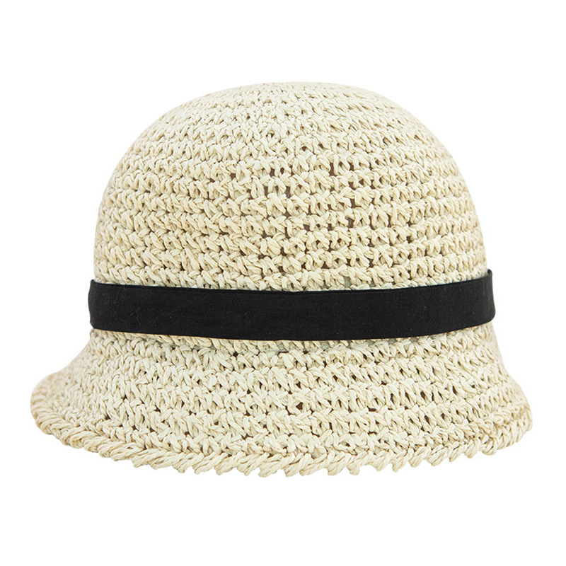 Cross-border New Baby Summer Hand-woven Black Ribbon Bow Straw Hat Fisherman Hat Sunshade Baby Boys and Girls Hat