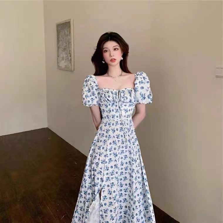 Blue Floral Dress Women's 2023 Summer New Long Split Long Dress Elegant Design Tea Break French Dress