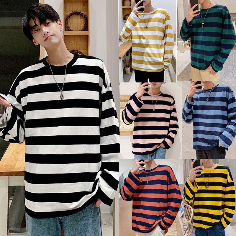 Black and White Striped Long-Sleeved T-Shirt Men's Round Neck Sweater Loose Fashionable Men's and Women's Inner Base Shirt Top Fashionable Brand Simple
