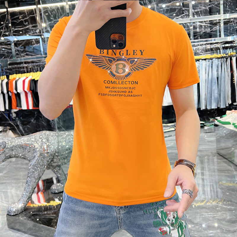 European station fashion summer new fashion brand men's mercerized cotton letter hot drilling short sleeve slim T-shirt men's fashion European goods