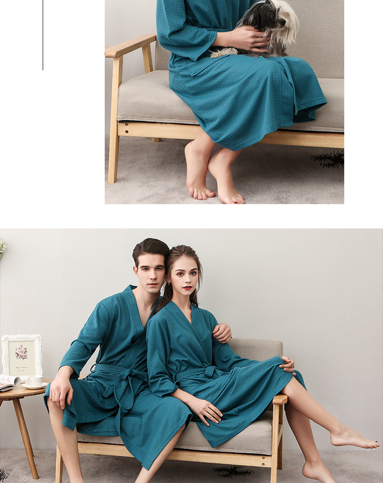 Late Summer Thin Waffle Bathrobe Women's Simple V-neck Seven-point Sleeve Absorbent Sleeve Couple's Nightgown Spring and Autumn Men's_voghion.com
