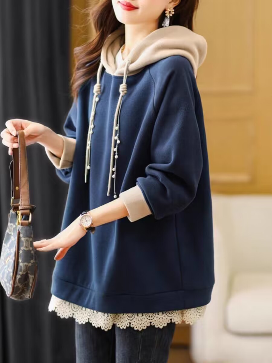Cross-border 2023 autumn and winter New Korean style fleece-lined thick color matching hooded sweater for women plus size loose fat mm200 kg