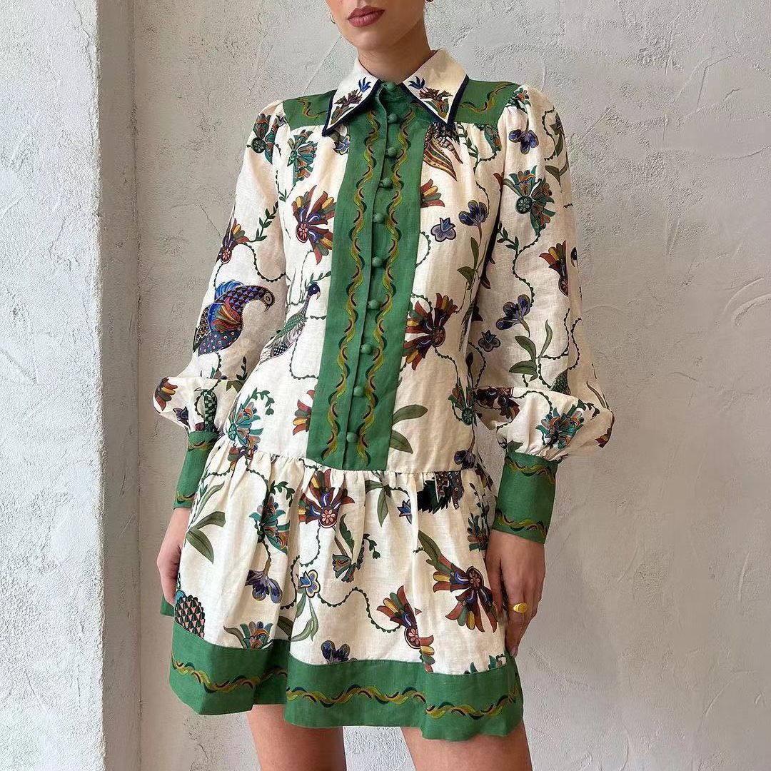 European and American cross-border 2023 AliExpress independent station single-breasted long lantern sleeve graffiti printed lace-up waist dress