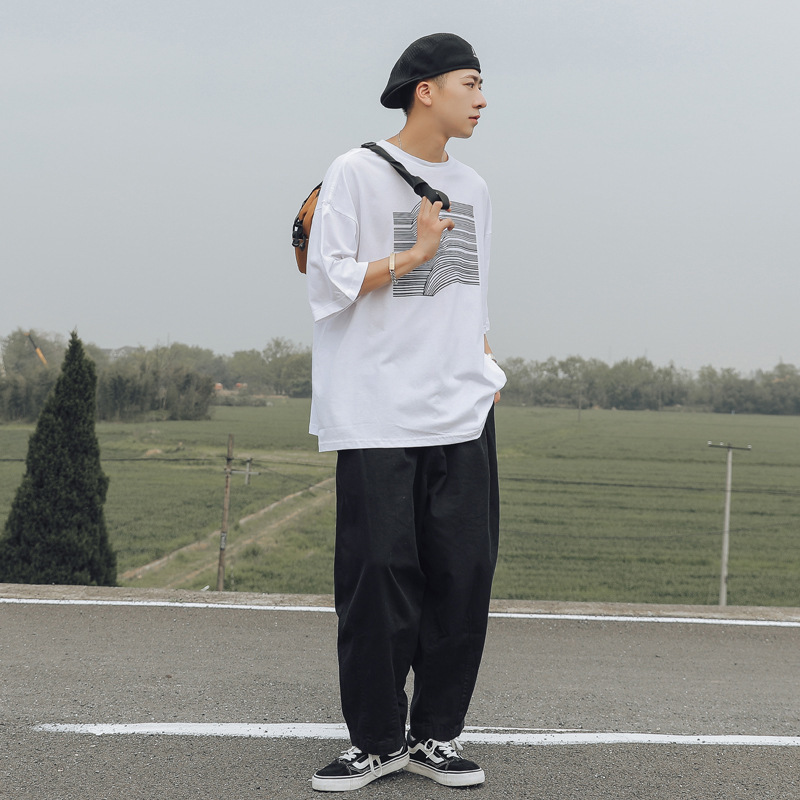 Factory Direct Supply Summer Stripe Printed Short-sleeved T-shirt Men's Fashion Brand Handsome Round Neck Half-sleeved Loose ins T-shirt
